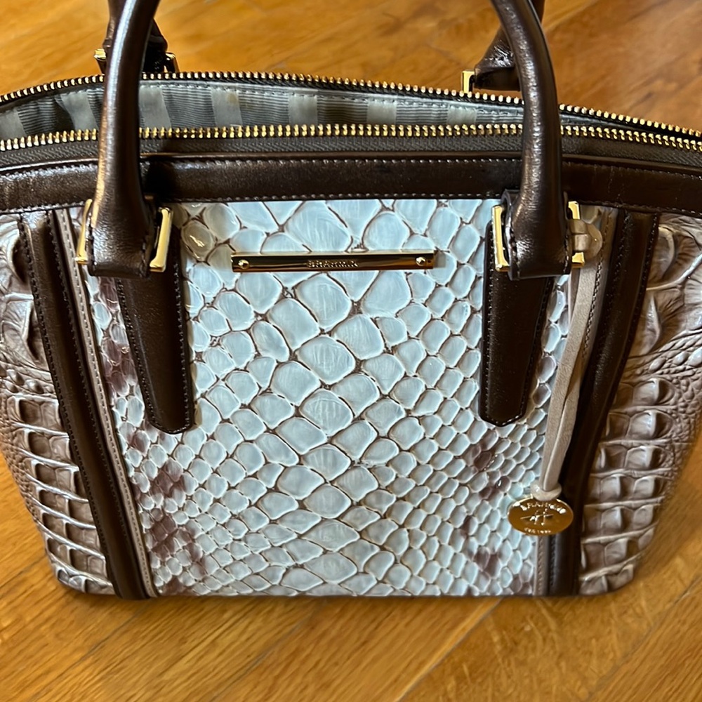 Brahmin bronze and light teal blue animal print tote